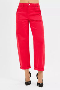RISEN Scarlet High Rise Ankle Cuffed Barrel Pants-Risen high rise ankle cuffed barrel pants in scarlet red are a versatile and chic addition to your wardrobe. Providing a flattering and comfortable fit. 