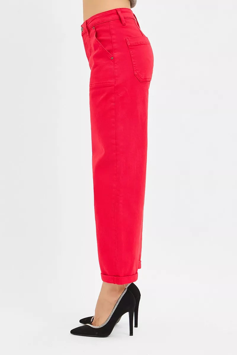 RISEN Scarlet High Rise Ankle Cuffed Barrel Pants-Risen high rise ankle cuffed barrel pants in scarlet red are a versatile and chic addition to your wardrobe. Providing a flattering and comfortable fit. 