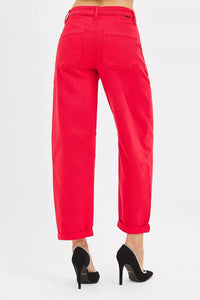 RISEN Scarlet High Rise Ankle Cuffed Barrel Pants-Risen high rise ankle cuffed barrel pants in scarlet red are a versatile and chic addition to your wardrobe. Providing a flattering and comfortable fit. 