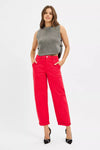 RISEN Scarlet High Rise Ankle Cuffed Barrel Pants-Risen high rise ankle cuffed barrel pants in scarlet red are a versatile and chic addition to your wardrobe. Providing a flattering and comfortable fit. 