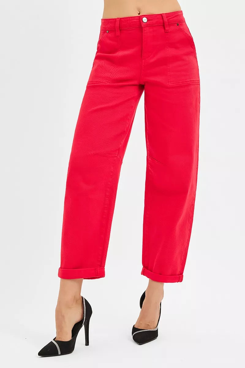 RISEN Scarlet High Rise Ankle Cuffed Barrel Pants-Risen high rise ankle cuffed barrel pants in scarlet red are a versatile and chic addition to your wardrobe. Providing a flattering and comfortable fit. 