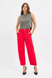 RISEN Scarlet High Rise Ankle Cuffed Barrel Pants-Risen high rise ankle cuffed barrel pants in scarlet red are a versatile and chic addition to your wardrobe. Providing a flattering and comfortable fit. 