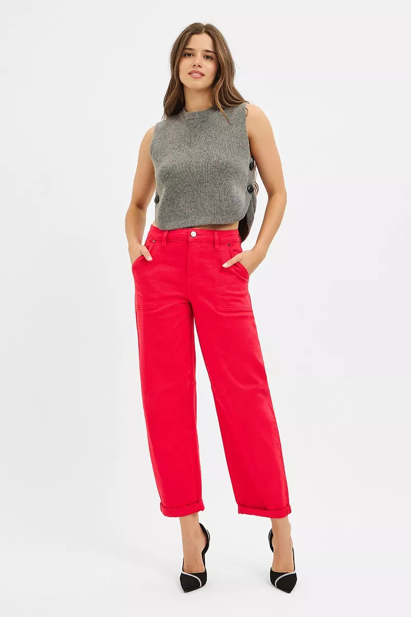 RISEN Scarlet High Rise Ankle Cuffed Barrel Pants-Risen high rise ankle cuffed barrel pants in scarlet red are a versatile and chic addition to your wardrobe. Providing a flattering and comfortable fit. 