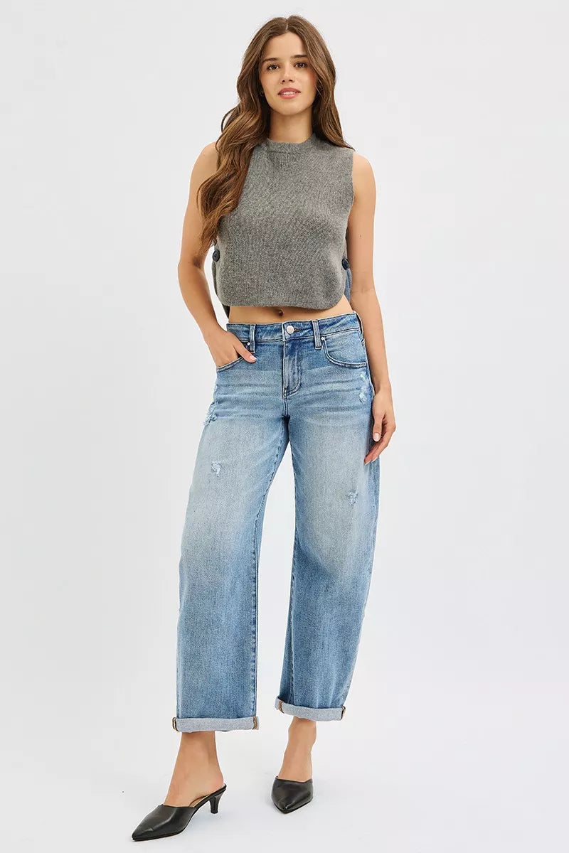 RISEN Slouchy Ankle Length Barrel Jeans with Cuffs