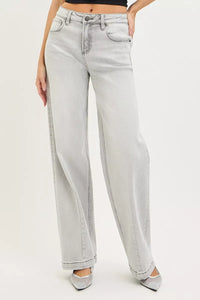 RISEN Slouchy Boyfriend Jeans with Contrast Stitching, Light Grey Wash-RISEN-Reef Love Boutique