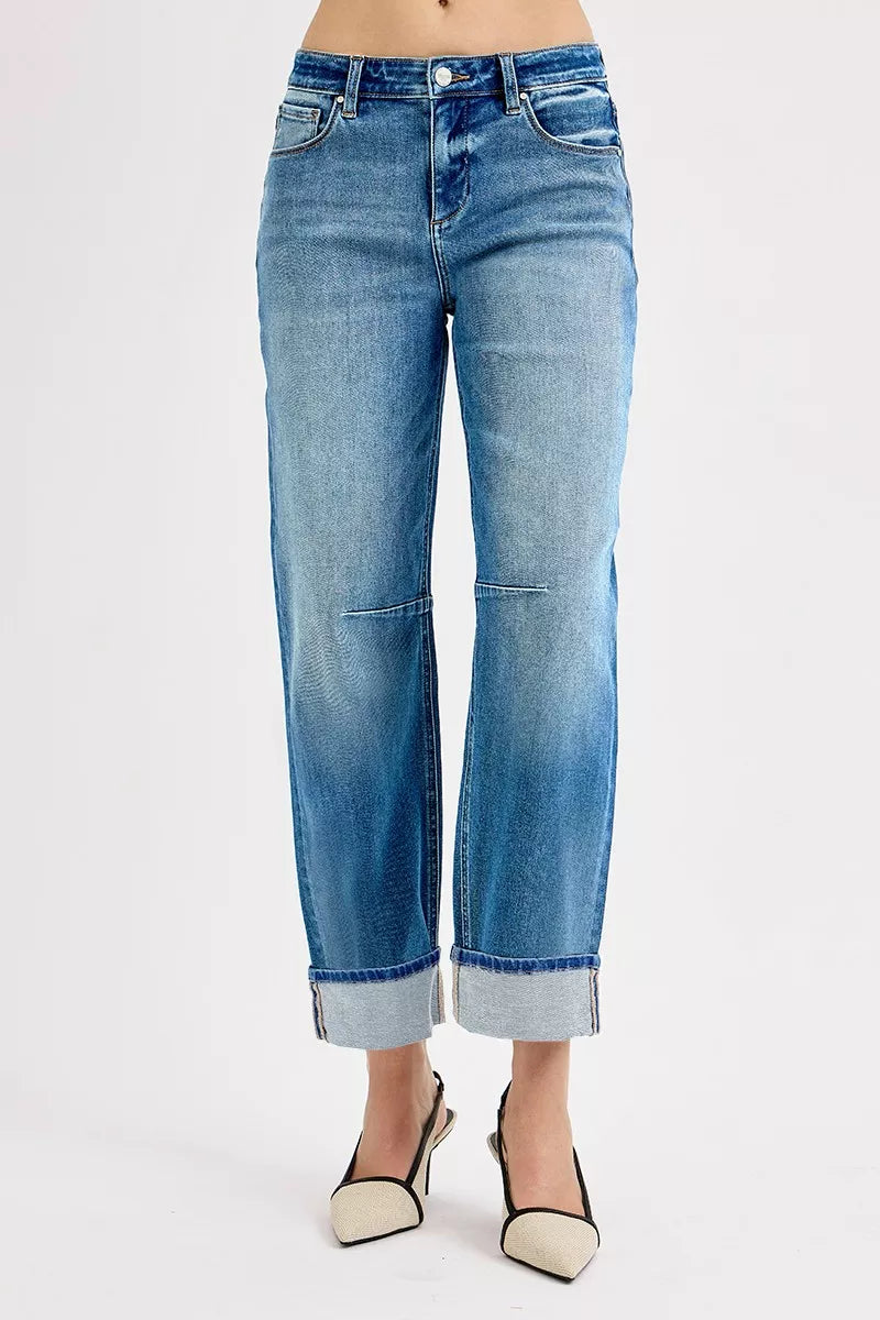 RISEN Slouchy Crop Barrel Cuffed Jeans-Reef Love
