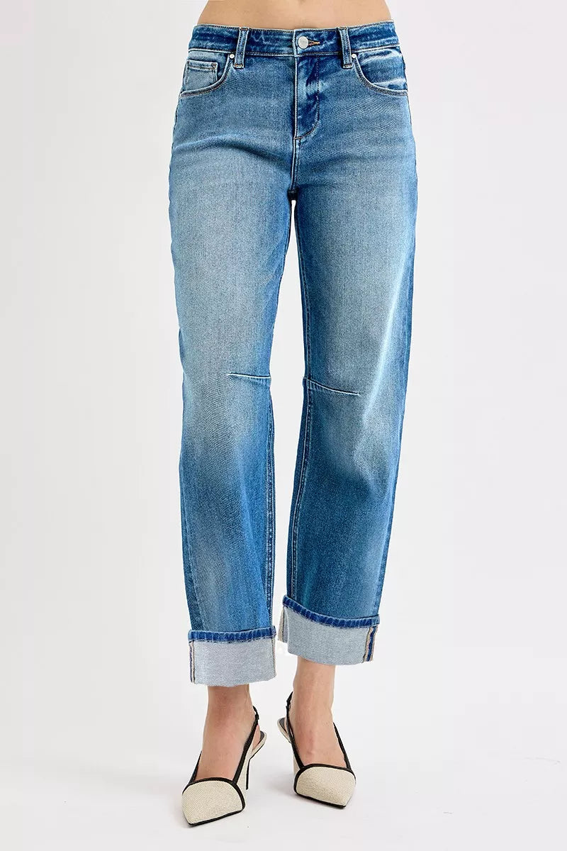 RISEN Slouchy Crop Barrel Cuffed Jeans-Reef Love