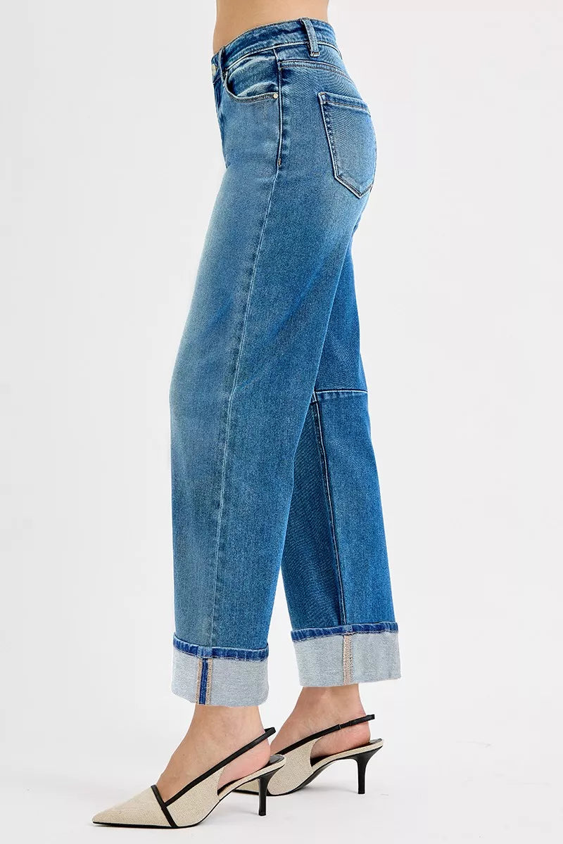 RISEN Slouchy Crop Barrel Cuffed Jeans-Reef Love