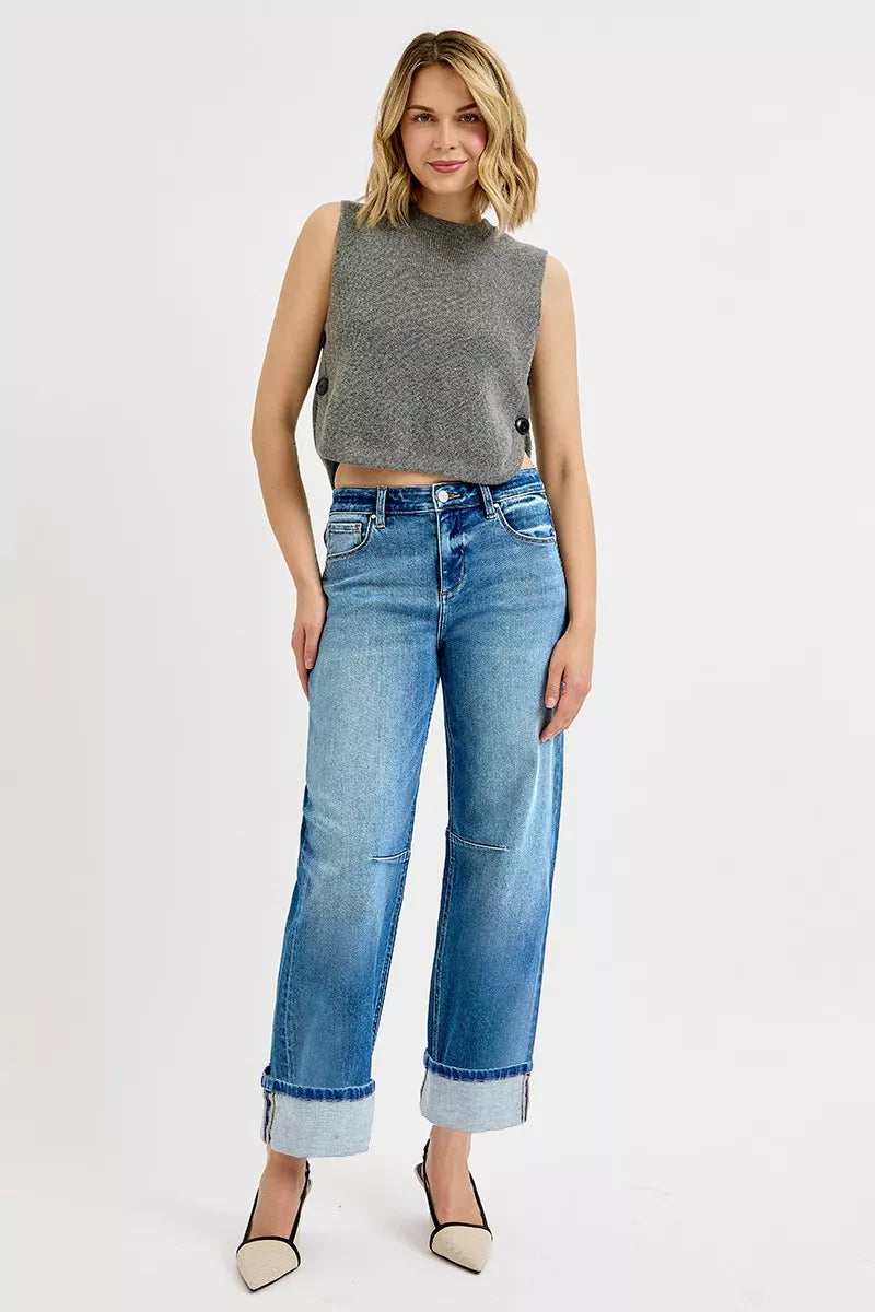 RISEN Slouchy Crop Barrel Cuffed Jeans-Reef Love