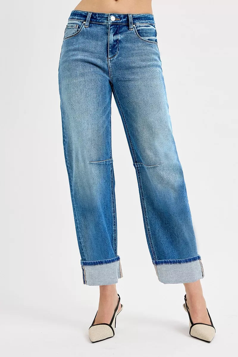 RISEN Slouchy Crop Barrel Cuffed Jeans-Reef Love