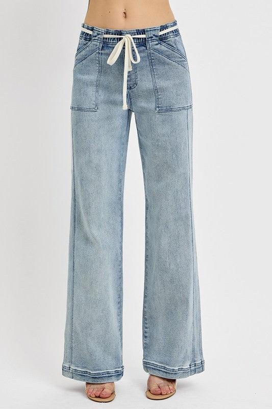 RISEN Straight Leg Relaxed Fit Jeans with Drawstring-RISEN-Reef Love Boutique