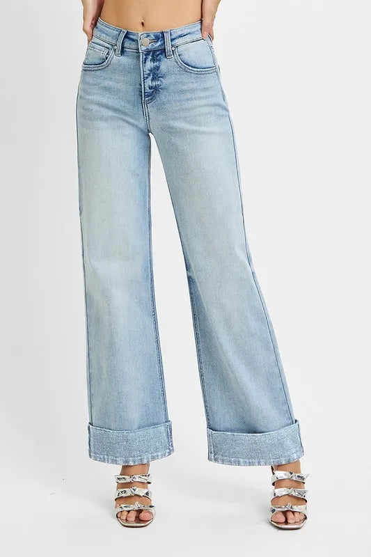 RISEN Tall Girl Friendly Wide-Leg Ankle Cuffed Jeans-RISEN-Light Wash-0-Reef Love Boutique
