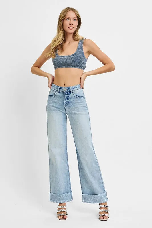 RISEN Tall Girl Friendly Wide-Leg Ankle Cuffed Jeans-RISEN-Reef Love Boutique