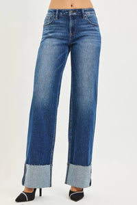 RISEN Tall Girl Friendly Wide Straight Jeans With Wide Cuff, Dark Wash-RISEN-Reef Love Boutique