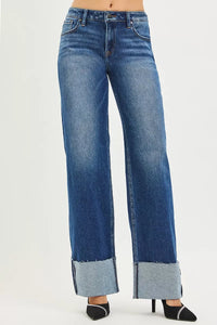 RISEN Tall Girl Friendly Wide Straight Jeans With Wide Cuff, Dark Wash-RISEN-Reef Love Boutique