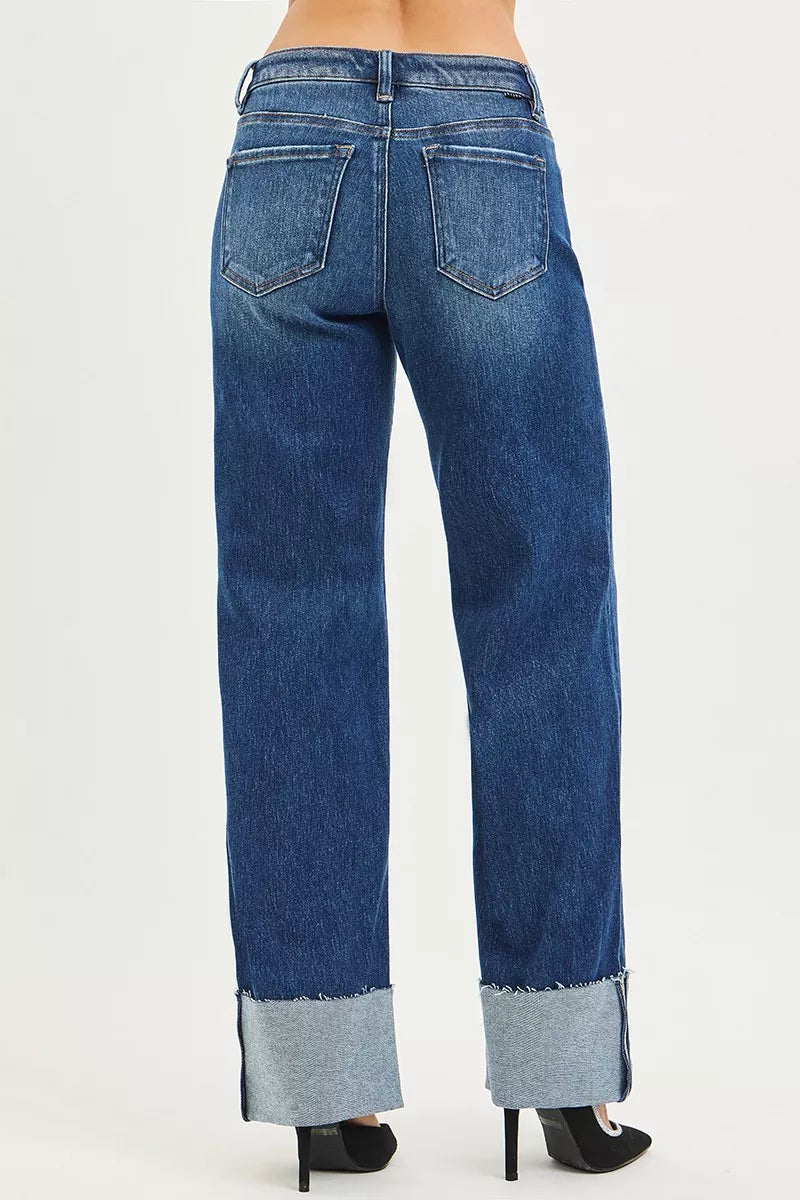 RISEN Tall Girl Friendly Wide Straight Jeans With Wide Cuff, Dark Wash-RISEN-Reef Love Boutique