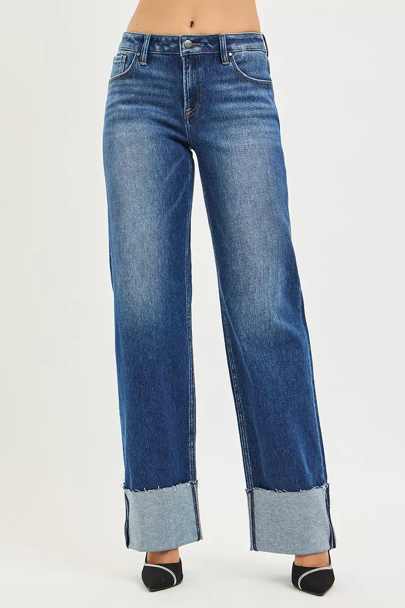 RISEN Tall Girl Friendly Wide Straight Jeans With Wide Cuff, Dark Wash-RISEN-Dark Wash-0-Reef Love Boutique