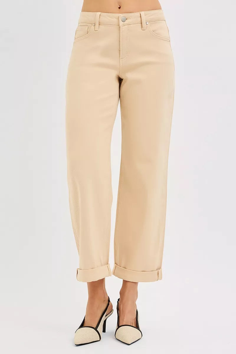RISEN Tummy Control Ankle Relaxed Wide Leg Jeans, Buttermilk Beige-RISEN-Reef Love Boutique