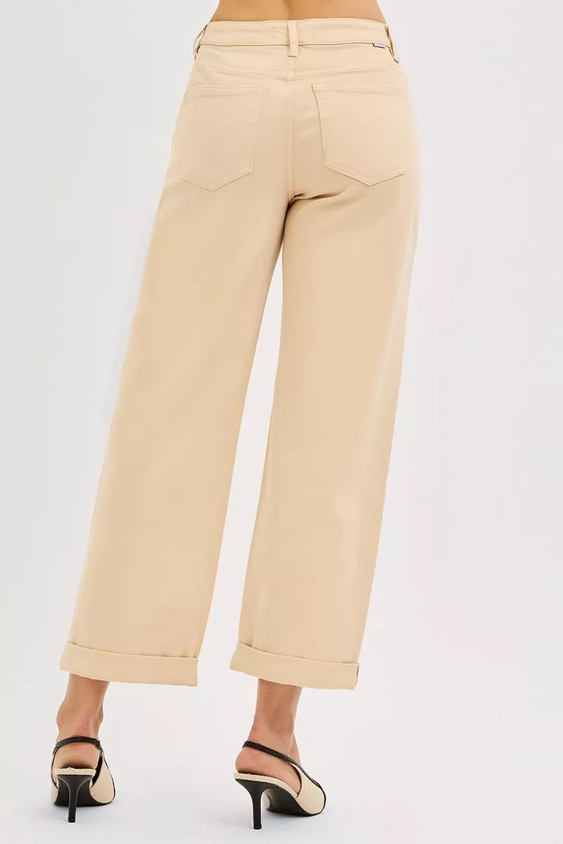 RISEN Tummy Control Ankle Relaxed Wide Leg Jeans, Buttermilk Beige-RISEN-Reef Love Boutique
