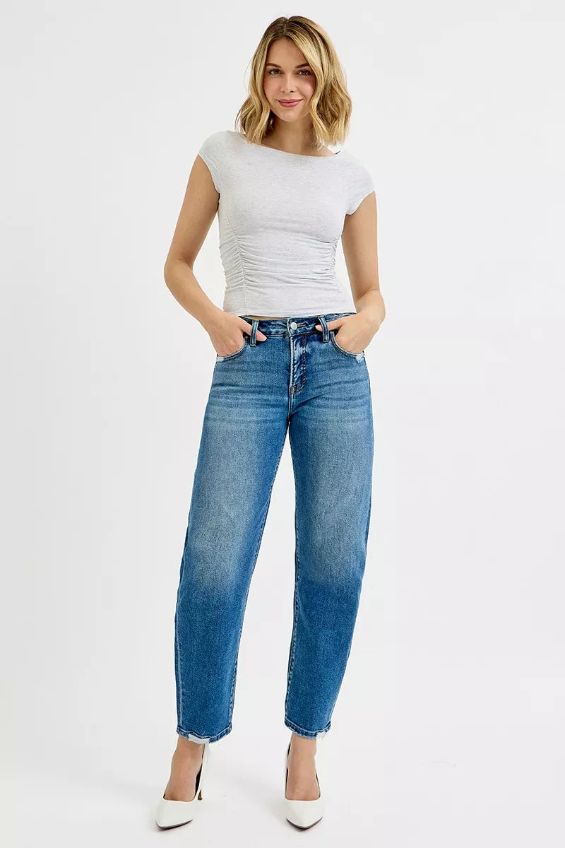 RISEN Tummy Control High Rise Ankle Slim Barrel Jeans-RISEN Tummy Control High Rise Ankle Slim Barrel Jeans. These high-rise jeans feature tummy control and slim barrel cut offers a modern and sleek look.