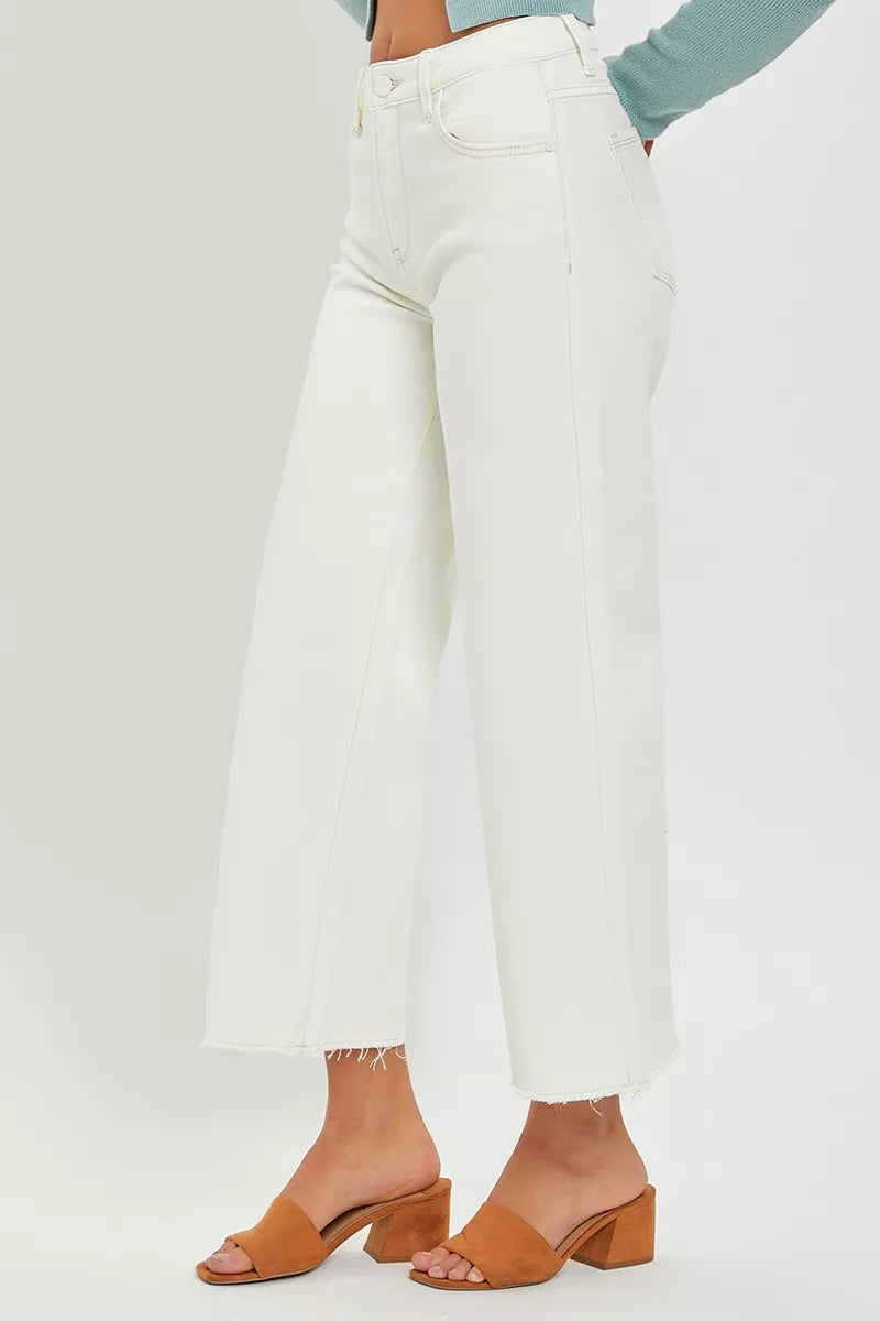 RISEN Tummy Control High Rise Crop Raw Edge Wide Leg Jeans, Winter White-RISEN-Reef Love Boutique