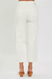 RISEN Tummy Control High Rise Crop Raw Edge Wide Leg Jeans, Winter White-RISEN-Reef Love Boutique