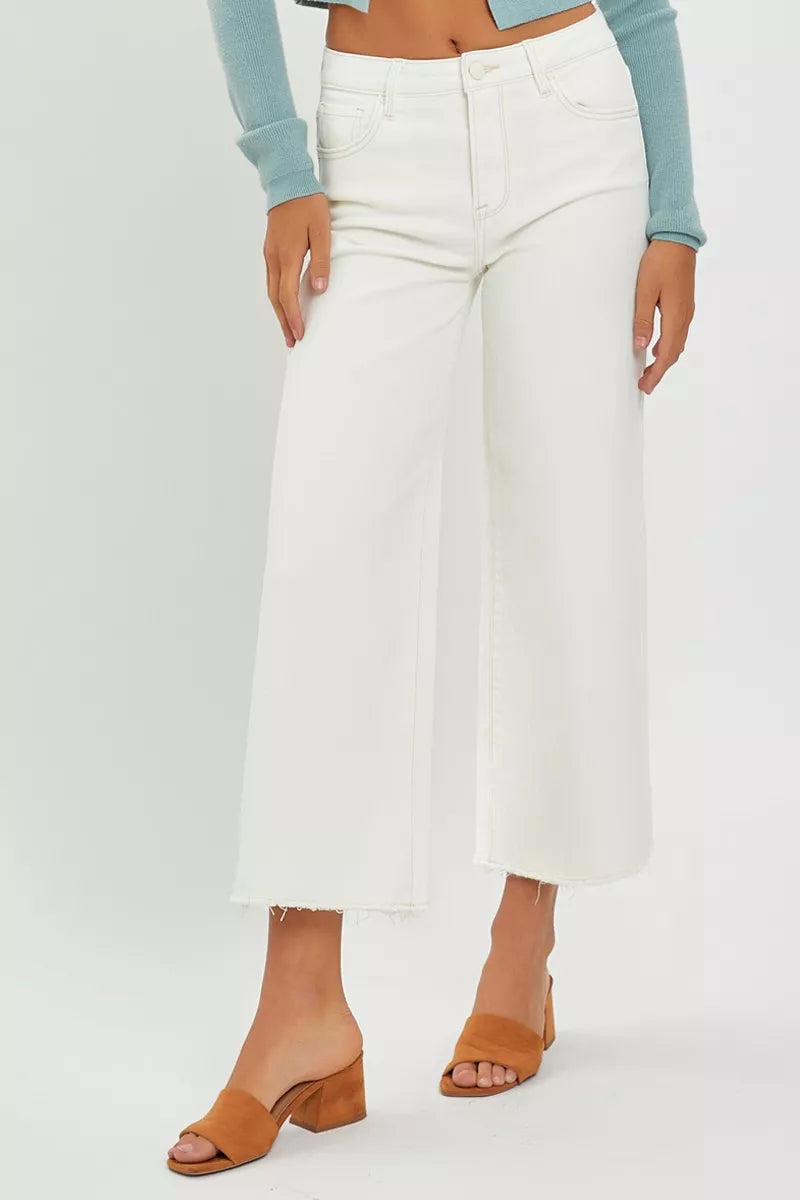 RISEN Tummy Control High Rise Crop Raw Edge Wide Leg Jeans, Winter White-RISEN-Winter White-0-Reef Love Boutique