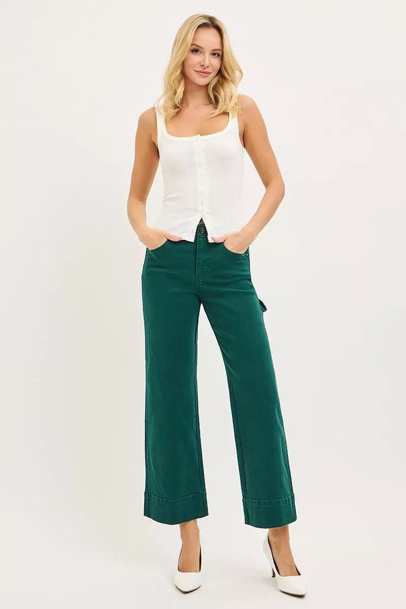 RISEN Tummy Control High Rise Crop Wide No Waist Band Pants, Hunter Green-Cropped Jeans-Reef Love