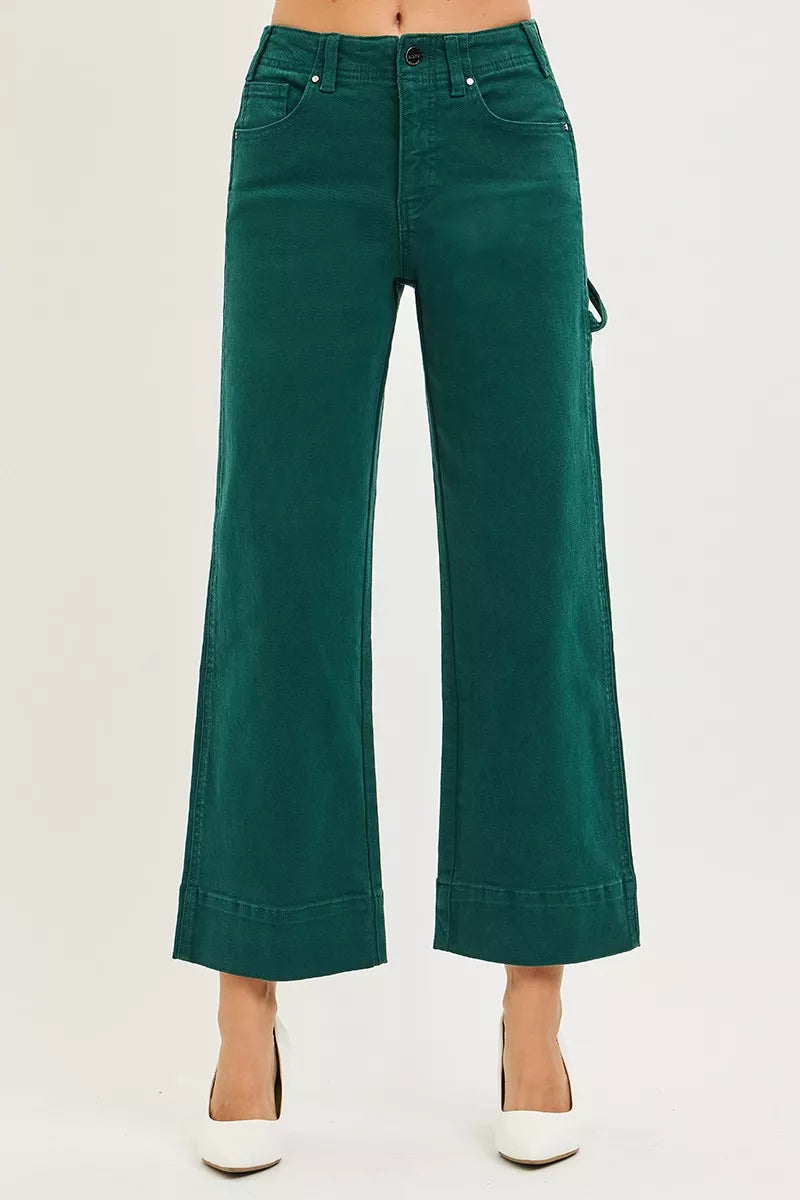 RISEN Tummy Control High Rise Crop Wide No Waist Band Pants, Hunter Green-Cropped Jeans-Reef Love