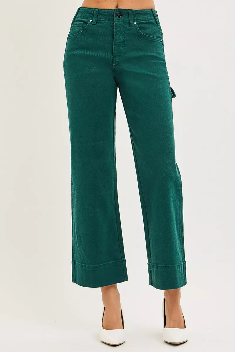 RISEN Tummy Control High Rise Crop Wide No Waist Band Pants, Hunter Green-Cropped Jeans-Reef Love