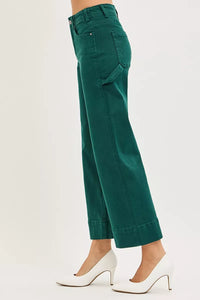 RISEN Tummy Control High Rise Crop Wide No Waist Band Pants, Hunter Green-Cropped Jeans-Reef Love