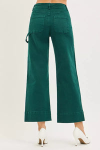 RISEN Tummy Control High Rise Crop Wide No Waist Band Pants, Hunter Green-Cropped Jeans-Reef Love