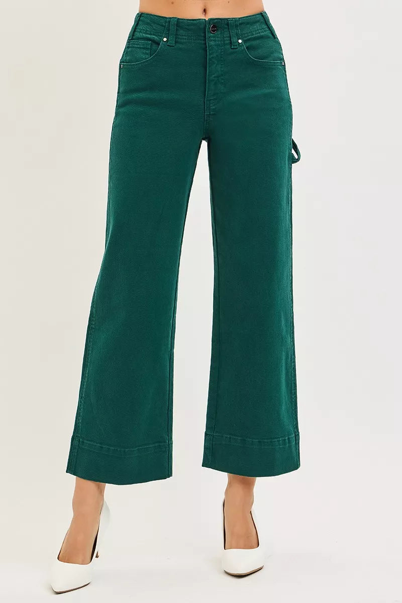 RISEN Tummy Control High Rise Crop Wide No Waist Band Pants, Hunter Green-Cropped Jeans-Reef Love