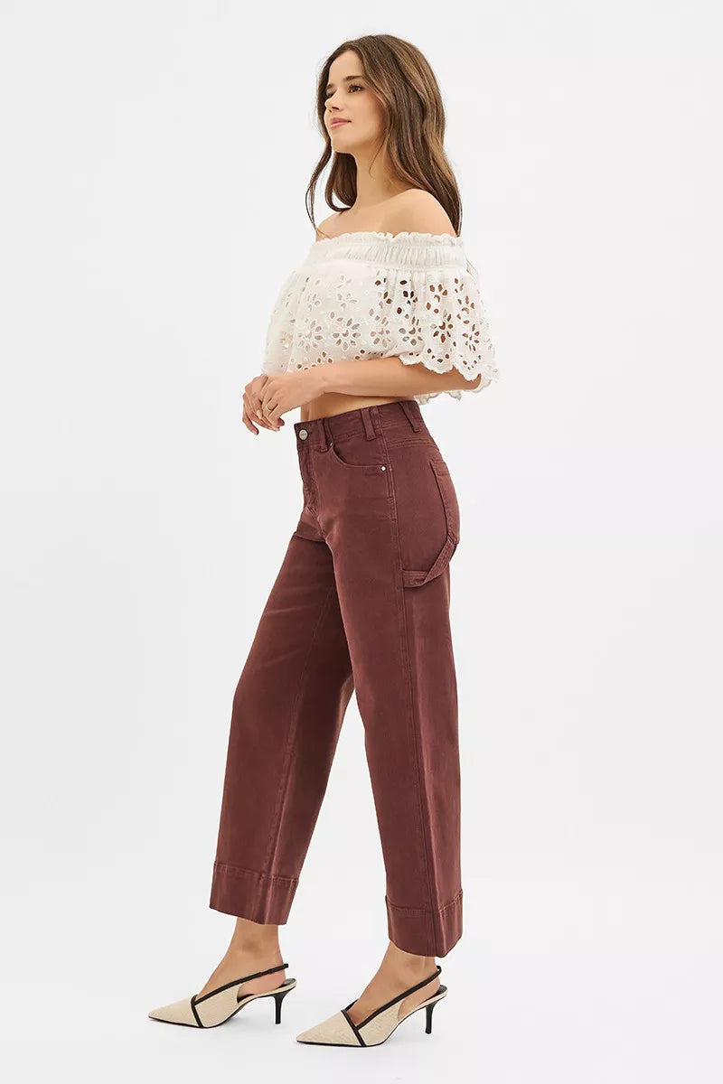 RISEN Tummy Control High Rise Crop Wide Pants, Cocoa Brown-RISEN-Reef Love Boutique