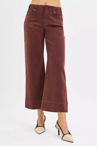 RISEN Tummy Control High Rise Crop Wide Pants, Cocoa Brown-RISEN-Reef Love Boutique