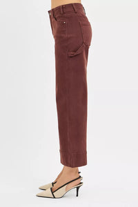 RISEN Tummy Control High Rise Crop Wide Pants, Cocoa Brown-RISEN-Reef Love Boutique