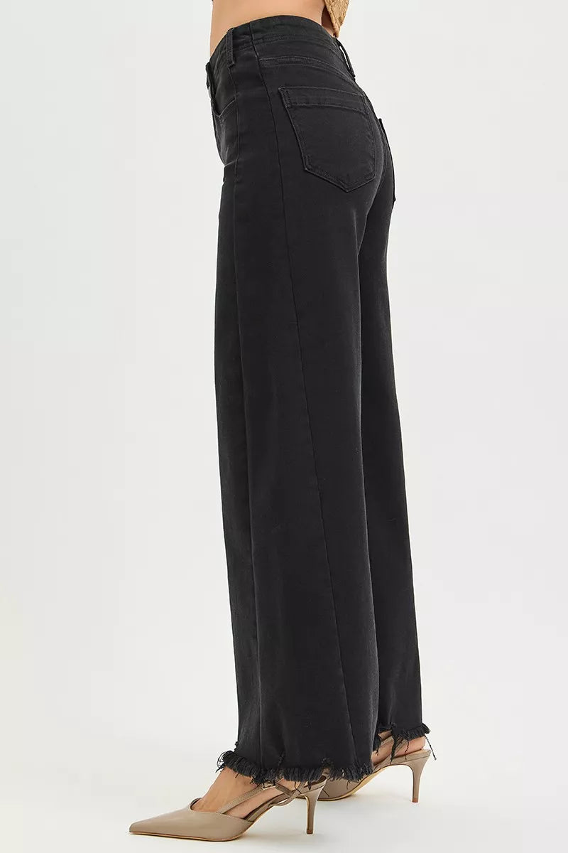 RISEN Tummy Control High Rise Palazzo Wide Leg Frayed Hem Jeans, Black-RISEN-Reef Love Boutique