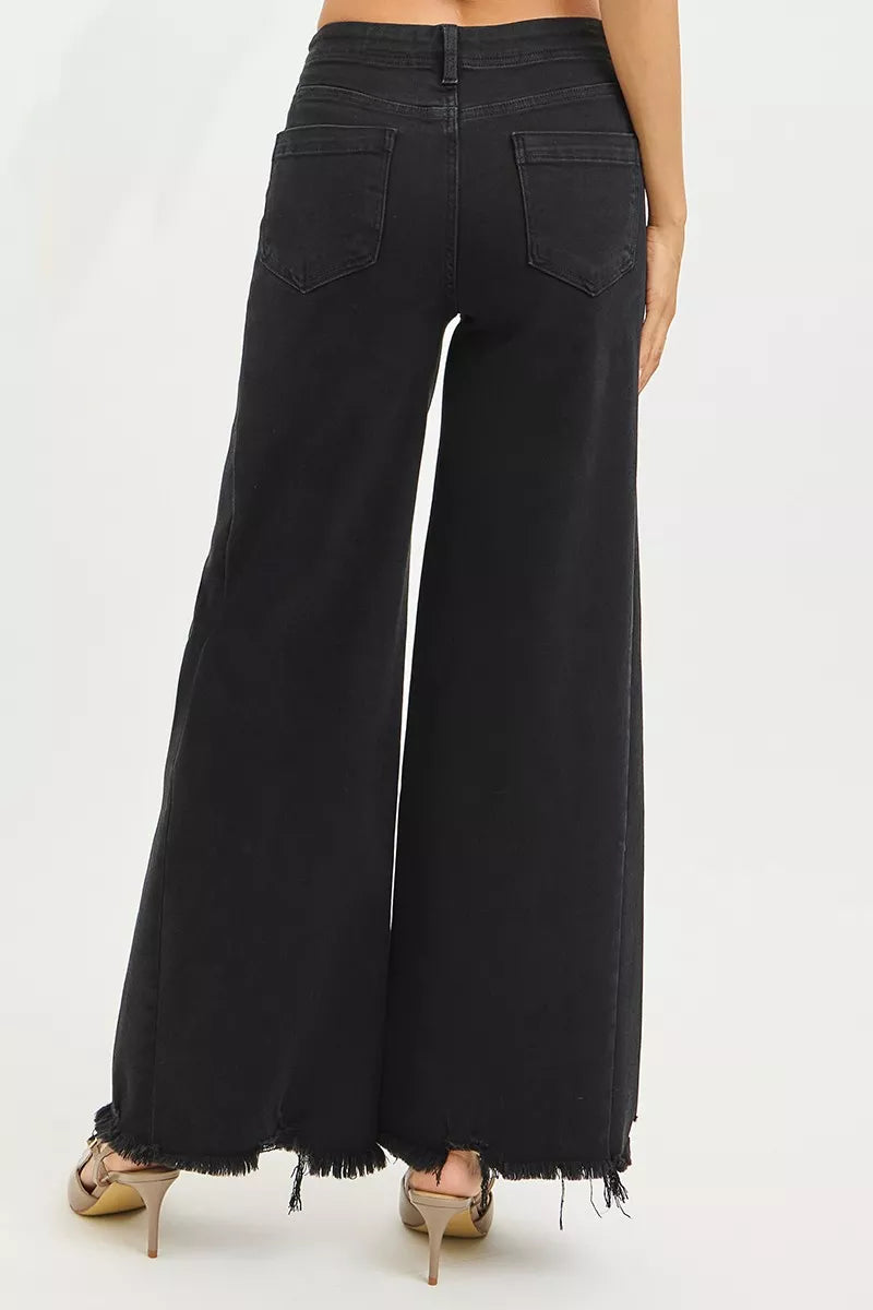 RISEN Tummy Control High Rise Palazzo Wide Leg Frayed Hem Jeans, Black-RISEN-Reef Love Boutique