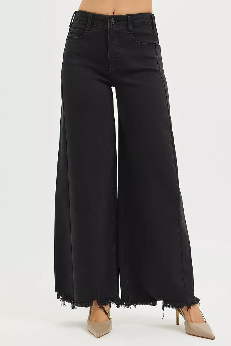 RISEN Tummy Control High Rise Palazzo Wide Leg Frayed Hem Jeans, Black-RISEN-Black-0-Reef Love Boutique