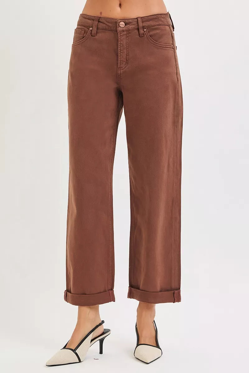 RISEN Tummy Control Mid Rise Ankle Barrel Baggy Jeans, Cocoa Brown- Boho Chic Styles by Reef Love
