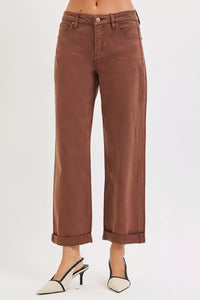 RISEN Tummy Control Mid Rise Ankle Barrel Baggy Jeans, Cocoa Brown- Boho Chic Styles by Reef Love