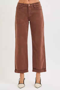 RISEN Tummy Control Mid Rise Ankle Barrel Baggy Jeans, Cocoa Brown- Boho Chic Styles by Reef Love