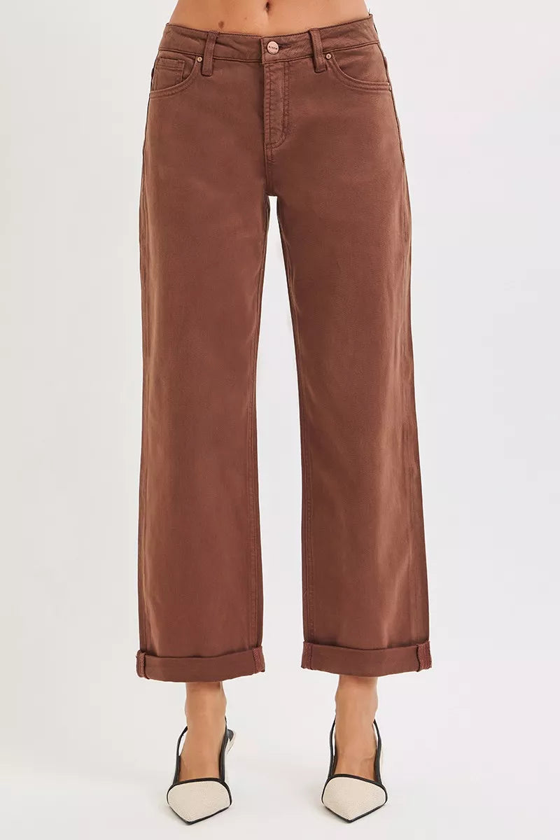 RISEN Tummy Control Mid Rise Ankle Barrel Baggy Jeans, Cocoa Brown- Boho Chic Styles by Reef Love