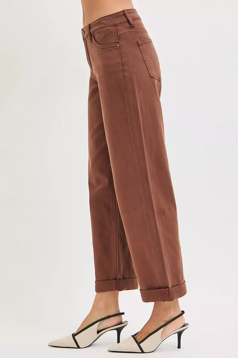RISEN Tummy Control Mid Rise Ankle Barrel Baggy Jeans, Cocoa Brown- Boho Chic Styles by Reef Love