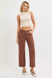 RISEN Tummy Control Mid Rise Ankle Barrel Baggy Jeans, Cocoa Brown- Boho Chic Styles by Reef Love