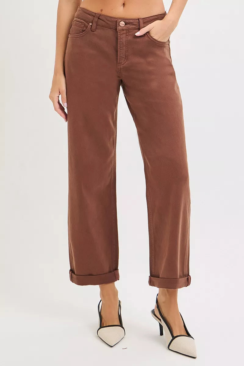RISEN Tummy Control Mid Rise Ankle Barrel Baggy Jeans, Cocoa Brown- Boho Chic Styles by Reef Love