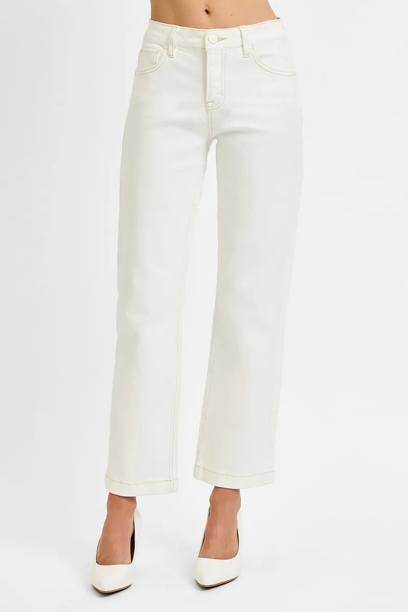 RISEN Tummy Control Mid Rise Ankle Straight Jeans-RISEN tummy control mid rise ankle straight jeans in white with a flattering fit and stretch. Available in standard and plus sizes for everyday women’s style.-Reef Love