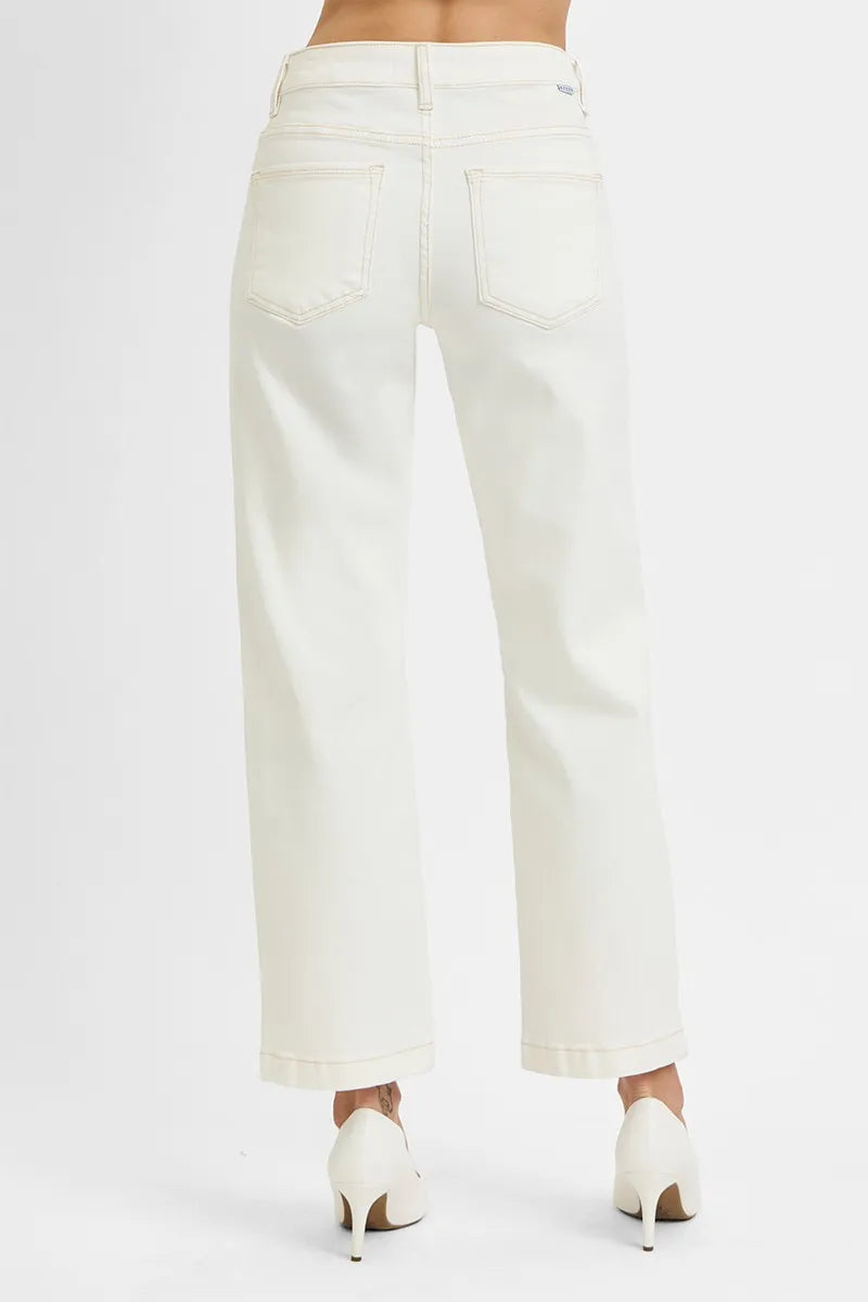 RISEN Tummy Control Mid Rise Ankle Straight Jeans-RISEN tummy control mid rise ankle straight jeans in white with a flattering fit and stretch. Available in standard and plus sizes for everyday women’s style.-Reef Love