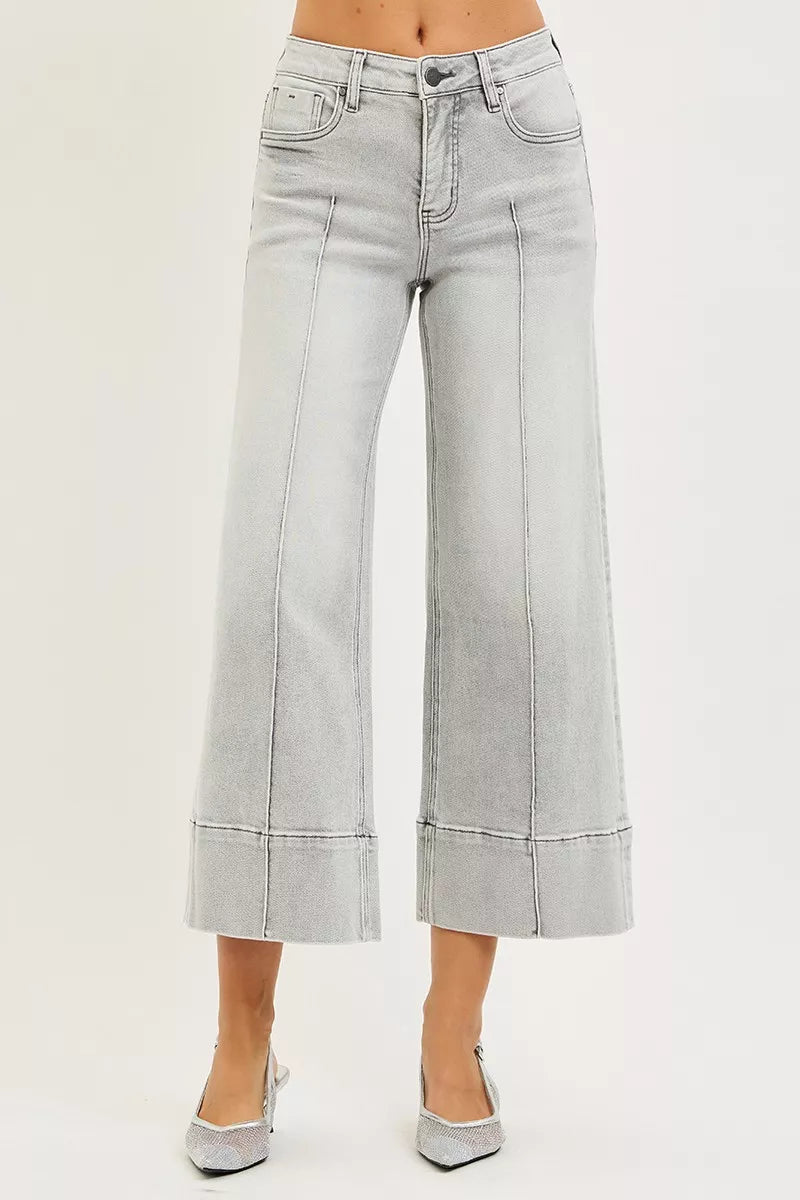 RISEN Tummy Control Mid Rise Crop Wide Pintuck Front Jeans, Grey Wash-RISEN-Reef Love Boutique