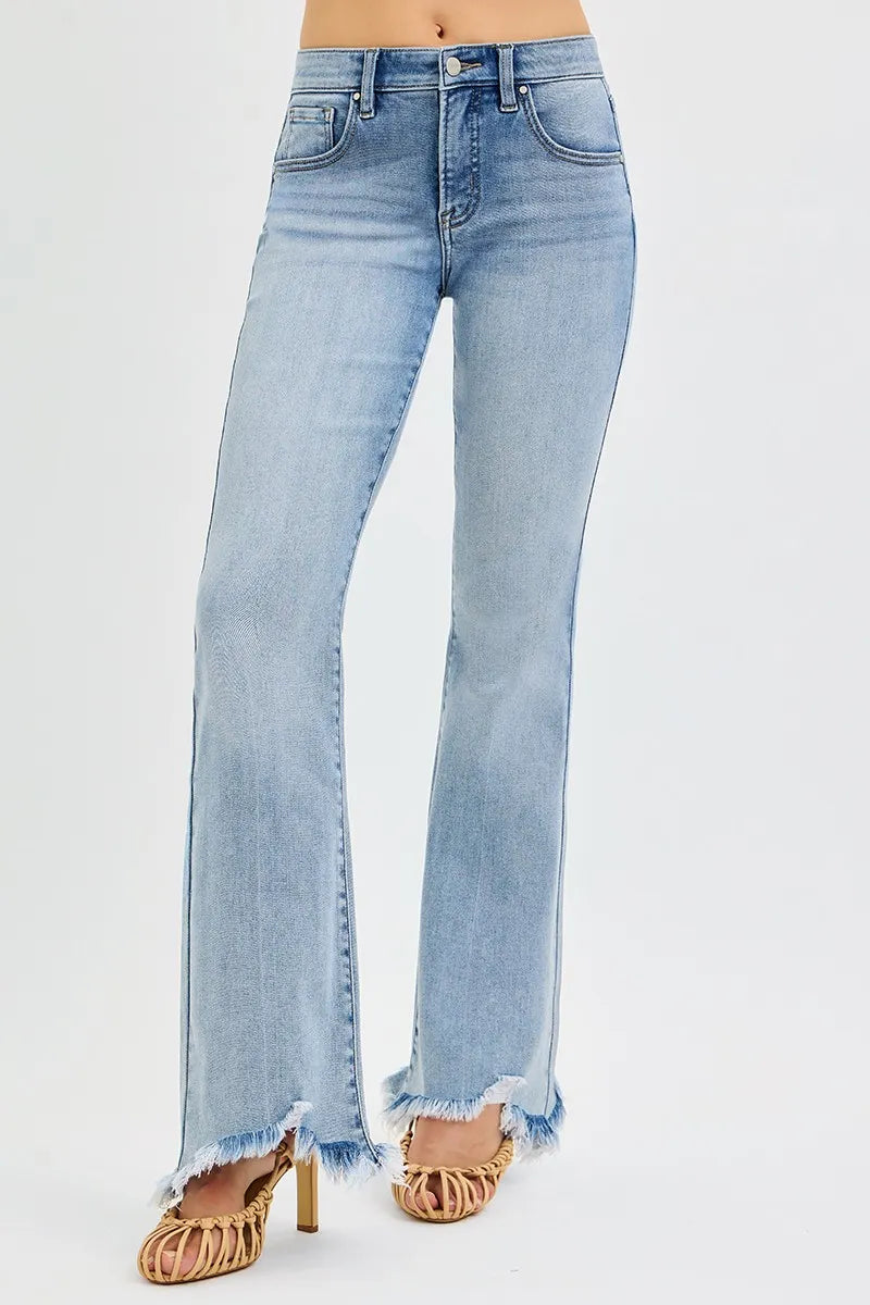 RISEN Tummy Control Mid Rise Flare Jeans with Fray Hem-RISEN Tummy Control Mid Rise Flare Jeans with Fray Hem in Standard and Plus Size. These mid-rise flare jeans with fray hem offer both style and comfort.